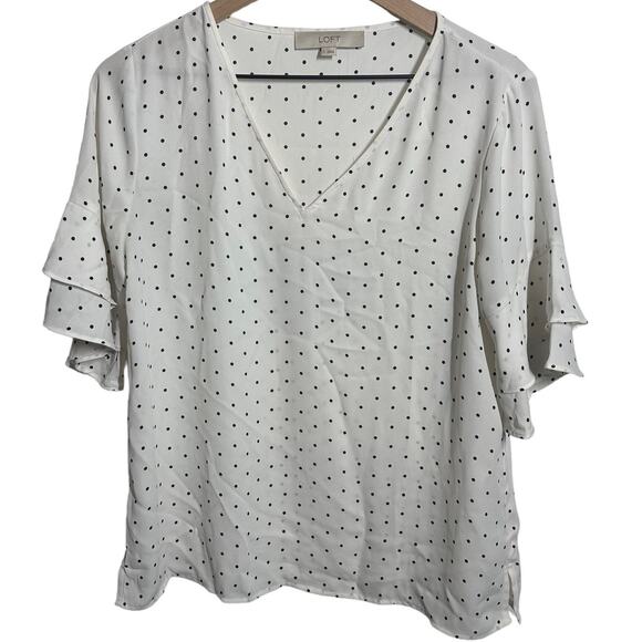 LOFT Tops - Loft Women's White Black Polka Dot Sheer Blouse Size Small Ruffle Sleeve Preppy